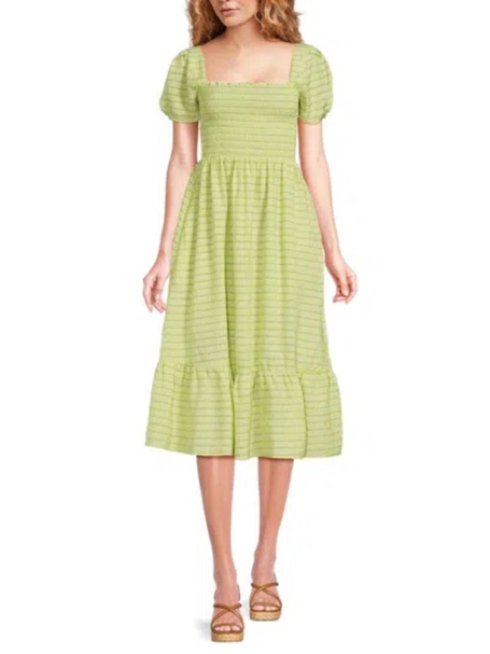 o.p.t. | Pistachio Puff-Sleeve Smocked Midi Dress